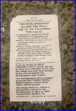 1985 Walt Disney World. 3-Day World Passport Ticket WDW. 2 Day Admission Left 1985 Walt Disney World. 3-Day World Passport Ticket WDW. 2 Day Admission Left
