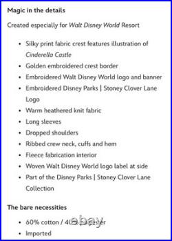 BNWT Walt Disney World Cinderella Castle Sweatshirt Stoney Clover Lane, Large