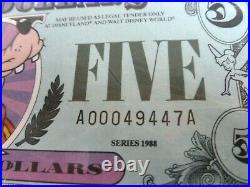 Disney 5 Dollars, 1988 Serial Number- A00049447A Walt Disney World Uncirculated