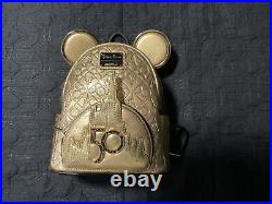 Loungefly Walt Disney World 50th Anniversary Leather Deluxe Gold Mini Backpack
