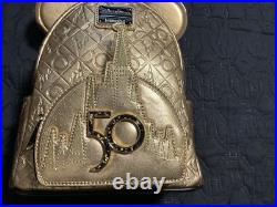 Loungefly Walt Disney World 50th Anniversary Leather Deluxe Gold Mini Backpack