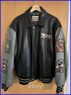 RARE Disney World Black Leather Varsity Jacket 75 Years With Mickey