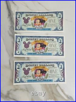 Three 1993 $1, DISNEY DOLLAR Disney World. Disneyland Consecutive serial No