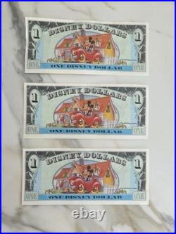 Three 1993 $1, DISNEY DOLLAR Disney World. Disneyland Consecutive serial No