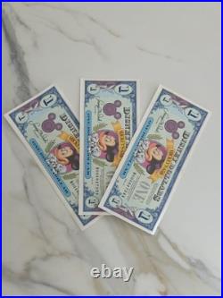 Three 1993 $1, DISNEY DOLLAR Disney World. Disneyland Consecutive serial No