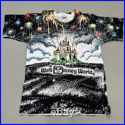 Vintage 80s Walt Disney World Fireworks All Over Print AOP Shirt Size 18x25.5