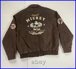 Vintage DISNEY MICKEY MOUSE EXPLORER BOMBER JACKET Brown Leather MEN'S 2XL