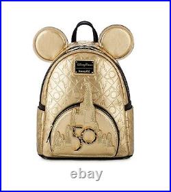 Walt Disney World 50th Anniversary Genuine Leather Gold Loungefly RARE