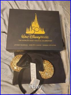 Walt Disney World 50th Anniversary Jeweled Gold Minnie Mouse Ears Nwt Sealed